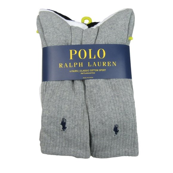 Polo Ralph Lauren Classic Sport Cushioned Crew Socks 6 Pack Mens Size 6-12 NEW - Picture 1 of 9